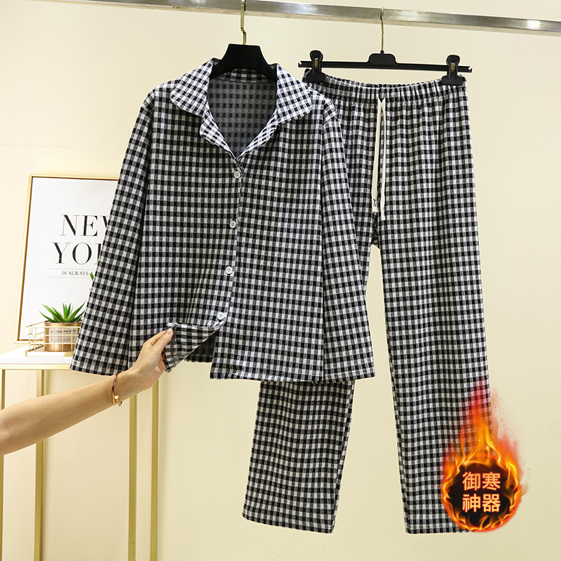 双面德绒格子睡衣睡裤套装