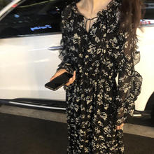 长袖 收腰显瘦高端气质别致惊艳打底雪纺长裙 碎花连衣裙女春秋新款