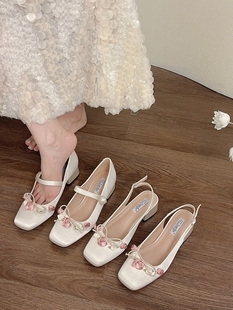 玛丽珍银色高跟凉鞋 新中式 女2024新款 法式 花朵配裙仙女风粗跟单鞋