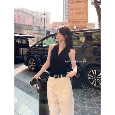 孔一粒 荡领挂脖上衣女夏季新款设计感小众黑色吊带背心显瘦上衣