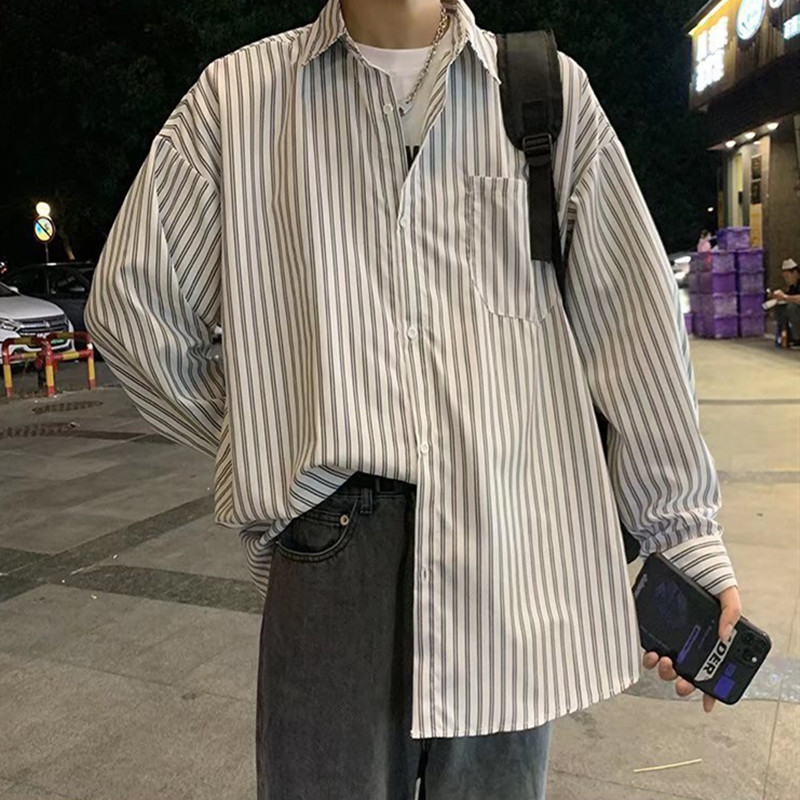 原宿风竖条纹衬衫男韩版潮牌痞帅