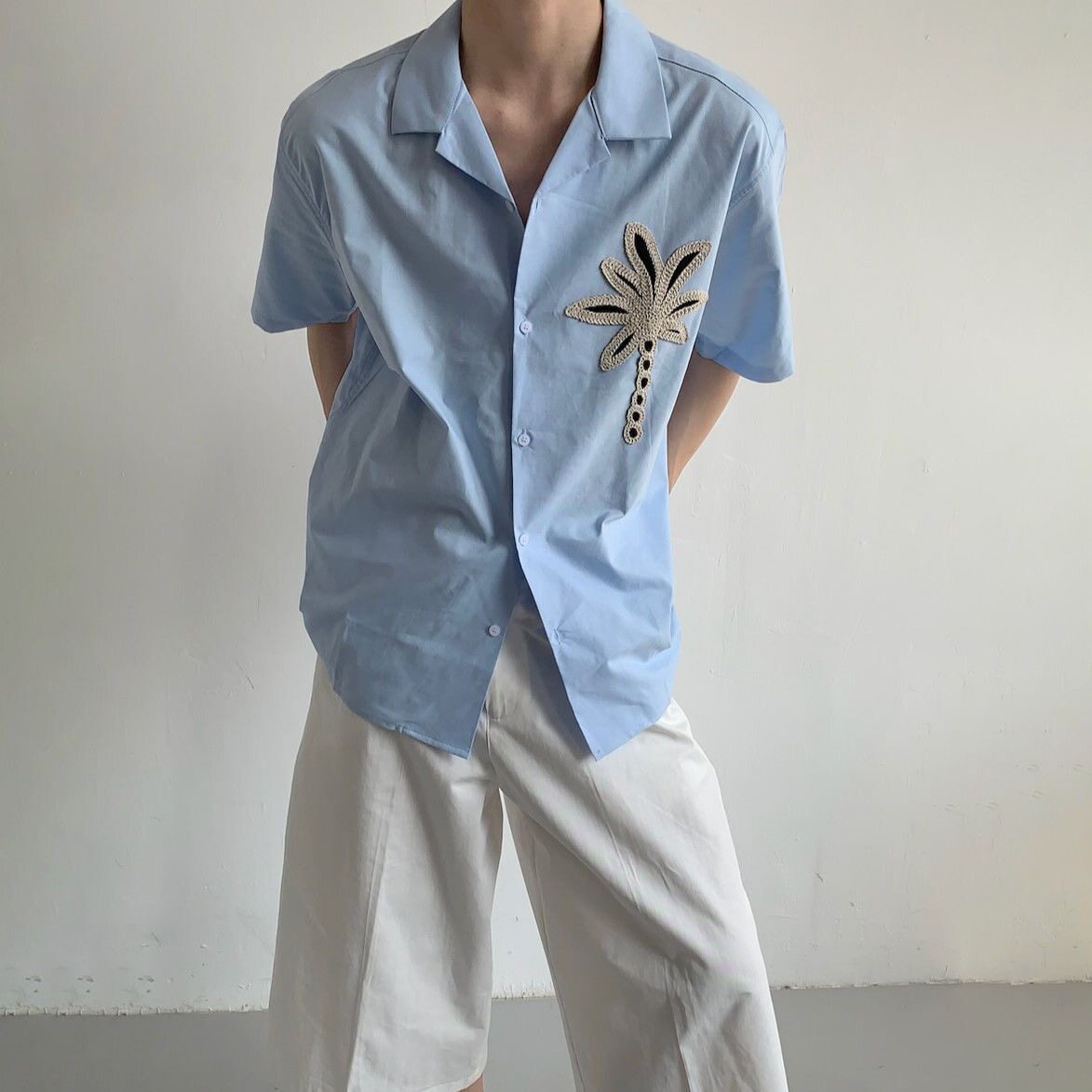 设计感小众度假风蓝色短袖衬衫男
