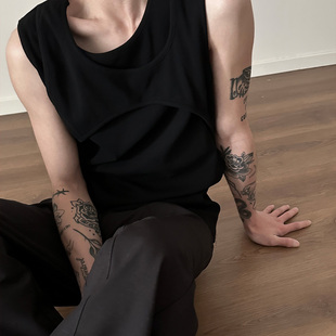 T恤设计感小众打底衫 夏季 层次感解构假两件工字背心男慵懒风无袖