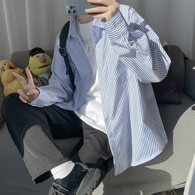 蓝白条纹长袖衬衫男2025新款春夏季休闲薄款外套日系防晒内搭衬衣