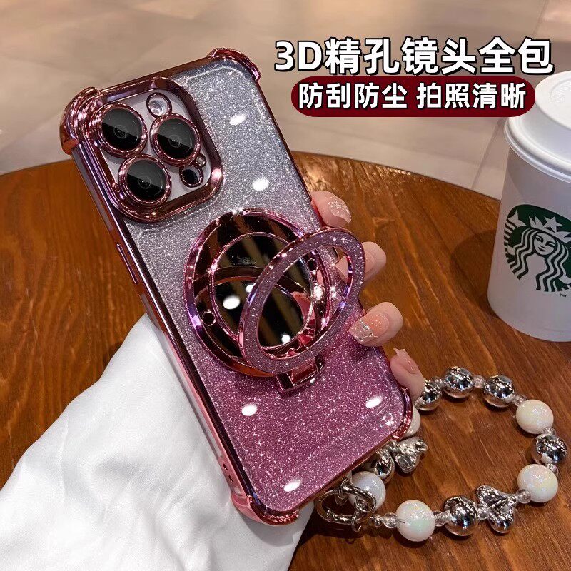 气囊防摔适用苹果16手机壳网红创意女款iPhone15ProMax镜子支架14Plus闪粉磁吸13带镜头膜12全包11防摔XsMax