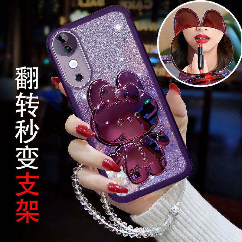 vivoS19手机壳S19Pro女款防摔保护套s18Pro/s17/s16高颜值电镀支架S15/s12/s10e/s9带镜子S7曲屏s6时尚手挂绳