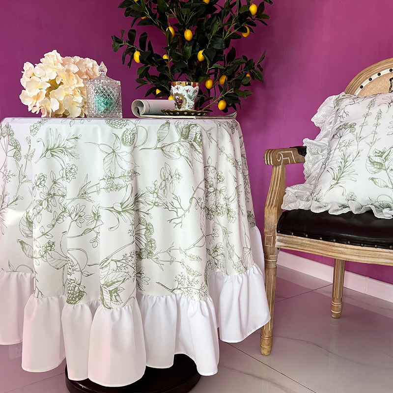 美式手绘桌布英式复古荷叶边圆台布氛围感餐桌方形盖布家用定制
