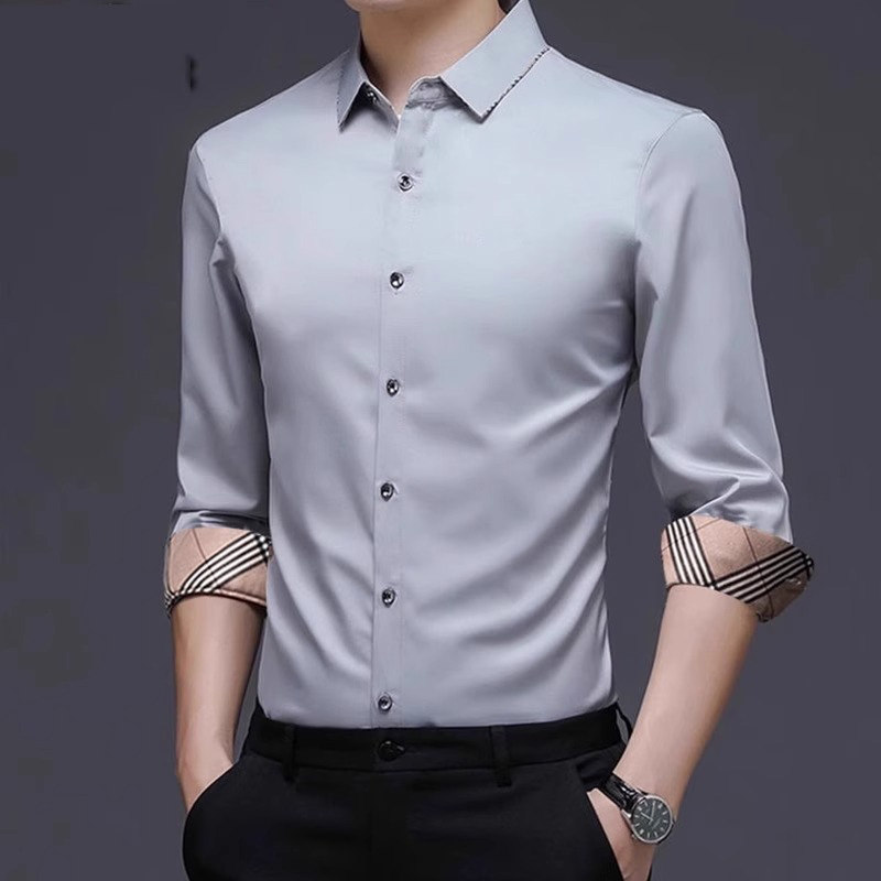 2025春新款中年男士长袖衬衫纯色休闲爸爸装衬衣大码衣服高端