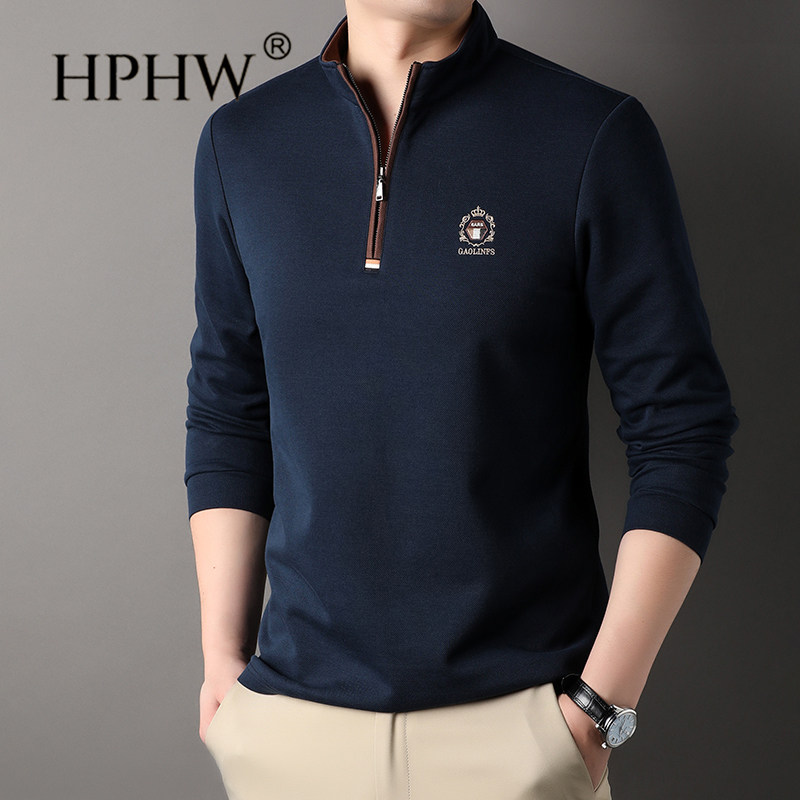 半高拉链立领长袖T恤男2025春秋季休闲上衣中年男士刺绣Polo衫