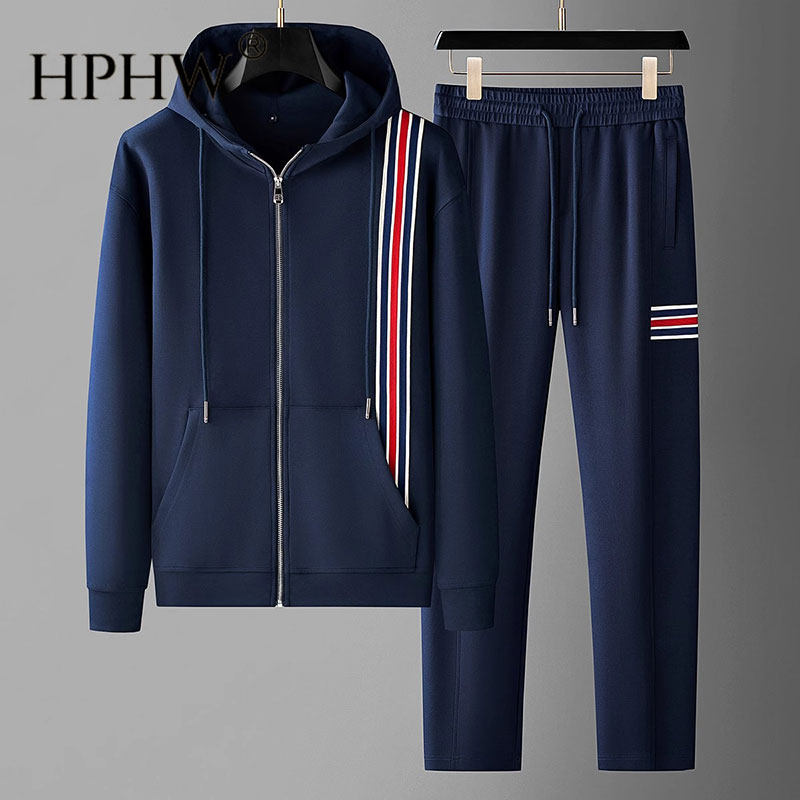 春季时尚帅气撞色织带型男两件套空气层男士开衫卫衣休闲运动套装