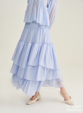 Nuages Froufrou法式复古天丝蓬蓬裙不规则剪裁下摆荷叶边蛋糕裙