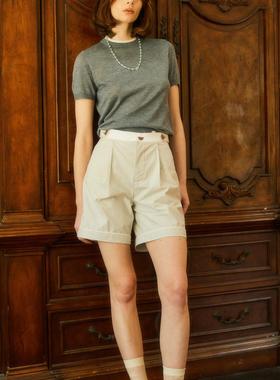 法式复古超细条纹短裤原创女装棉麻宽松松紧腰A字Nuagesfroufrou