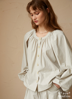 NuagesFroufrou法式复古薄荷绿春季新款套装圆领外套衬衫褶皱短裙