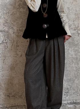 NuagesFroufrou法式复古阔腿裤深灰羊毛混纺毛呢西裤百搭休闲新款