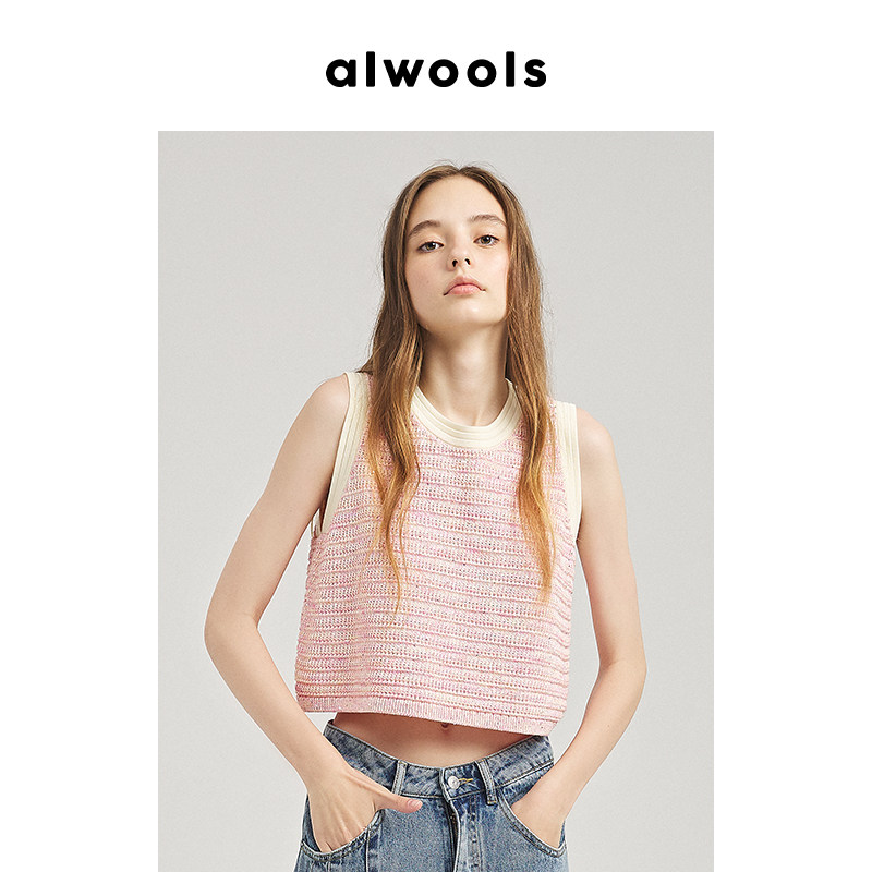ALWOOLS春夏新品亮片休闲针织背心女外穿无袖直筒设计上衣短款