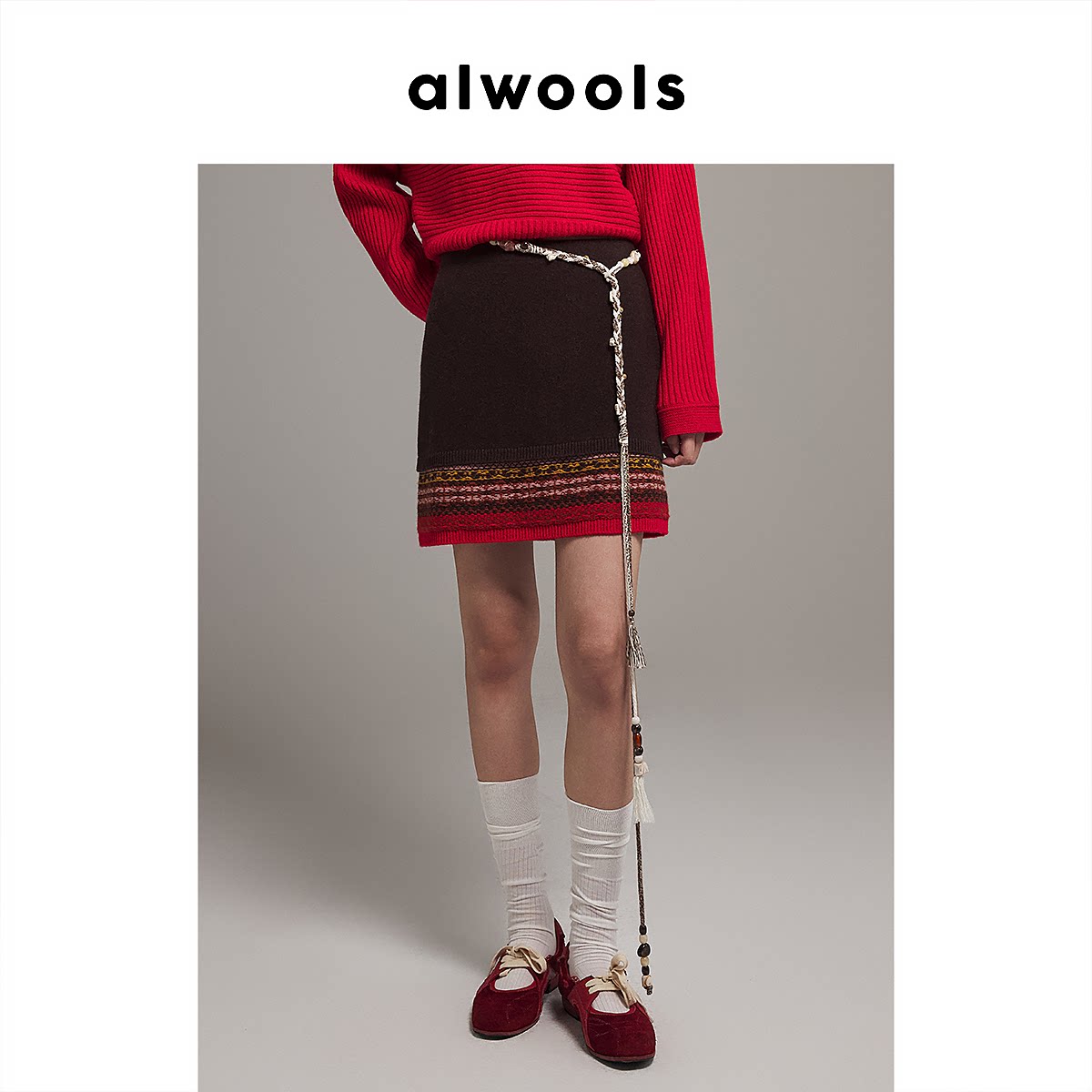 【明星同款】ALWOOLS2026早春新品胶囊复古费尔岛假两件针织短裙