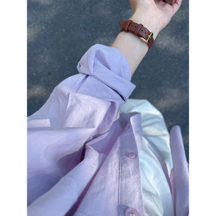 韩系紫色防晒衬衫女夏季薄款正肩宽松长袖衬衣外套独特超好看上衣