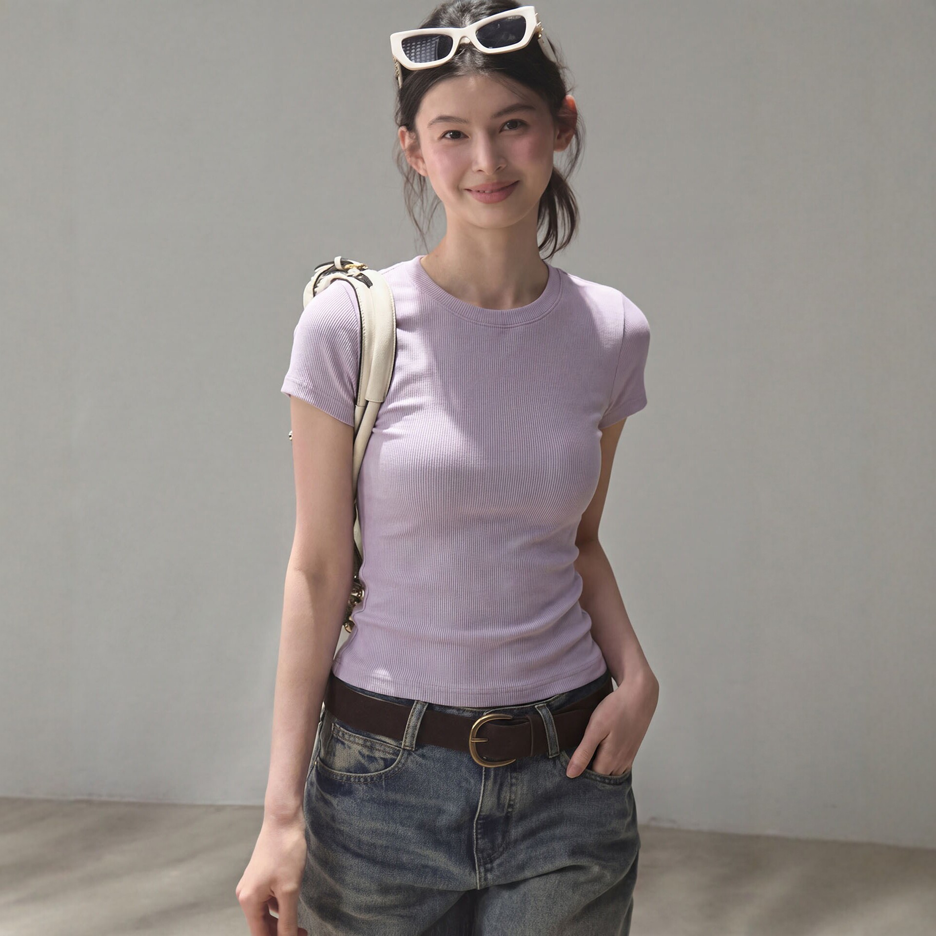 法式紫色圆领正肩针织短袖t恤女夏季修身紧身短款独特漂亮小上衣