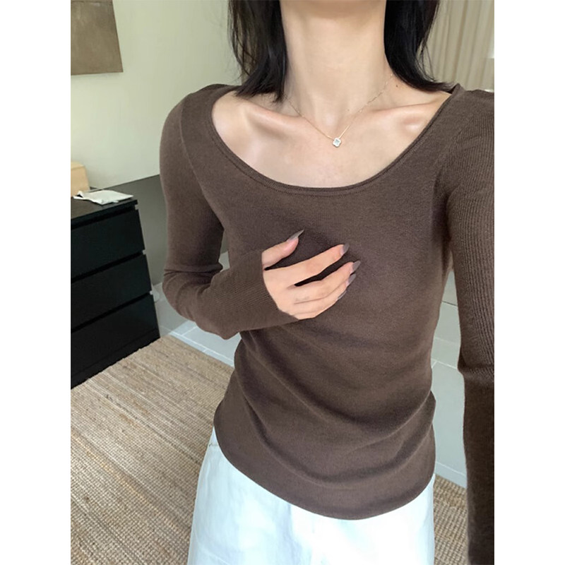 美拉德咖色修身针织打底衫女秋冬洋气卷边大领口锁骨内搭长袖上衣,女装/女士精品,毛针织衫,淘宝优惠券,粉丝福利购,淘宝优惠卷