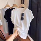 t恤女夏季 薄款 小飞袖 白色雪花棉正肩短袖 圆领宽松亚麻打底衫 上衣