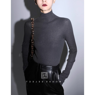 灰色半高领针织打底衫女秋冬法式高级感内搭修身中领毛衣洋气上衣