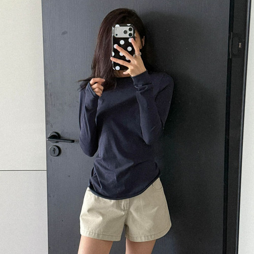【高智感】藏蓝色卷边长袖t恤女