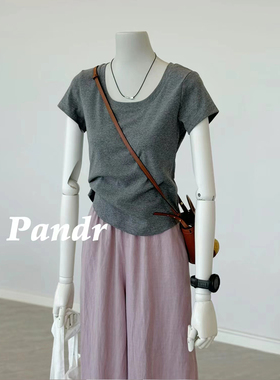 灰色u领正肩修身短袖t恤女夏设计感小众别致大领口显瘦体恤上衣潮