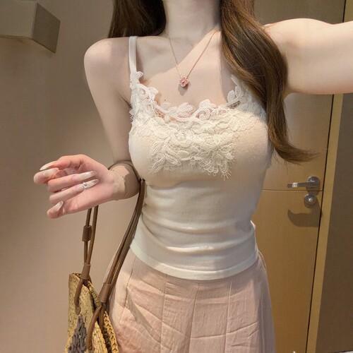 miu系立体蕾丝钩花针织吊带背心