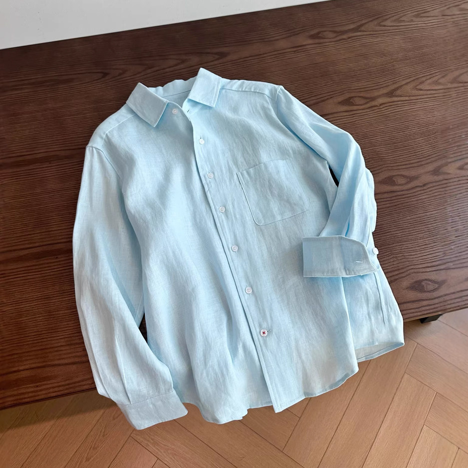 法式慵懒松弛感浅蓝色亚麻衬衫女夏季欧货宽松棉麻衬衣防晒上衣薄