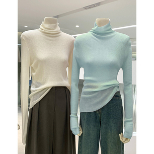 秋冬羊毛堆堆高领针织衫女套头毛衣打底衫洋气薄荷绿修身长袖上衣