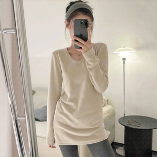 中长款磨毛长袖t恤女修身德绒内搭打底衫秋冬遮屁股独特漂亮上衣