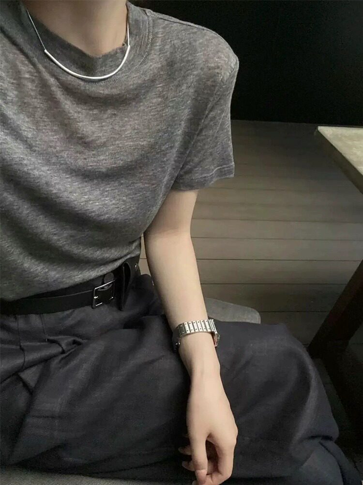 天丝羊毛面膜T女夏季韩版时尚显瘦简约灰色短袖t恤女正肩圆领上衣