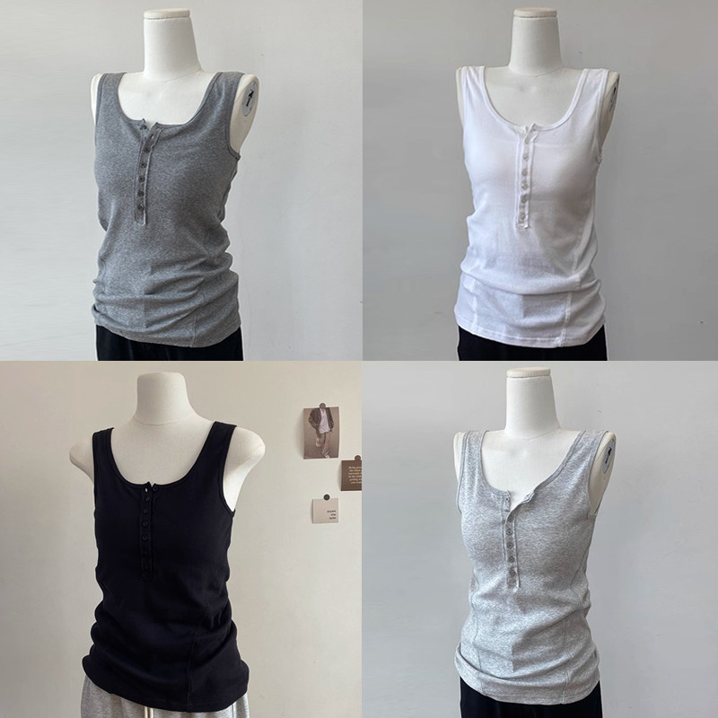 灰色纽扣吊带背心女夏季修身高弹螺纹棉百搭显瘦白色打底无袖上衣,女装/女士精品,背心吊带,淘宝优惠券,粉丝福利购,淘宝优惠卷