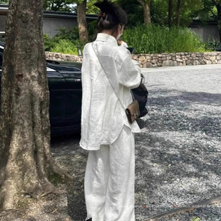 白色亚麻长袖衬衫女夏季休闲慵懒宽松老钱风棉麻衬衣外套防晒上衣