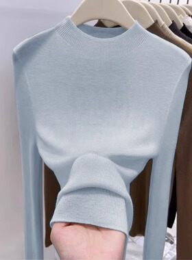 雾蓝色羊毛半高领针织衫女秋冬软糯毛衣打底衫修身内搭长袖上衣