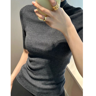 高级感灰色半高领打底衫正肩短袖女春夏紧身薄款针织中袖气质上衣