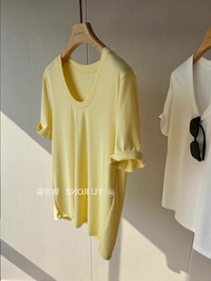 鹅黄色设计感U领T恤女夏季2026新款宽松正肩纯棉百搭短袖体恤上衣