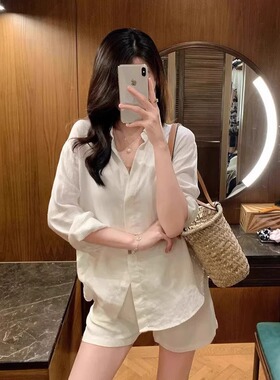 绝美气质白色棉麻衬衫女春夏宽松慵懒风休闲亚麻衬衣短裤防晒套装