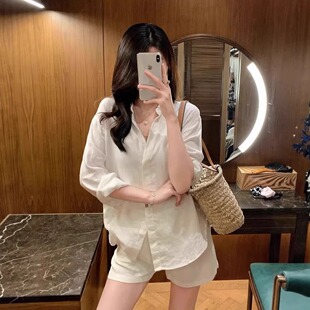 绝美气质白色棉麻衬衫女春夏宽松慵懒风休闲亚麻衬衣短裤防晒套装