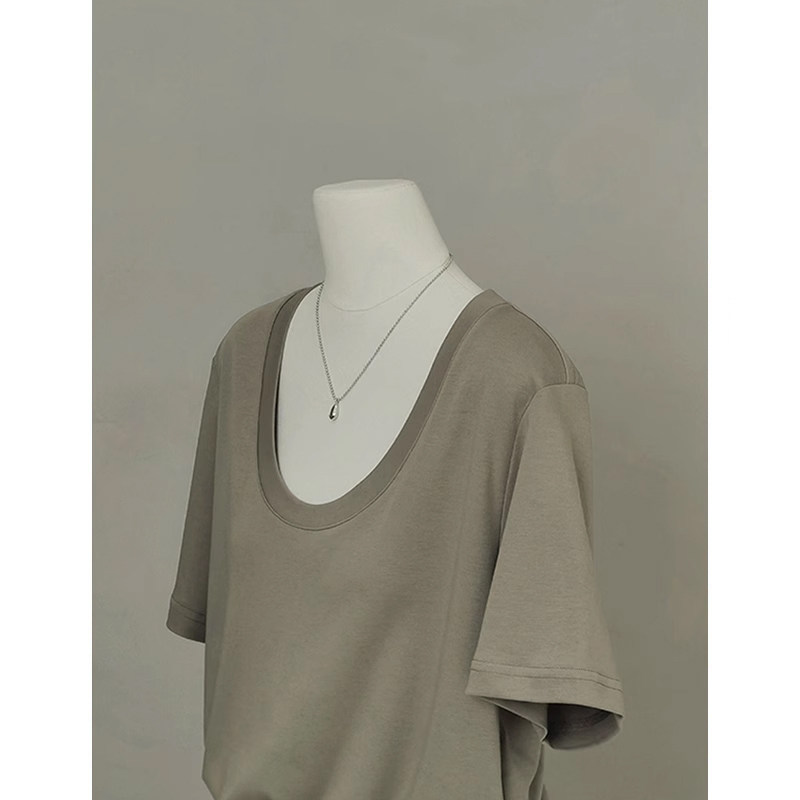 夏季u领复古纯棉正肩短袖t恤女设计感小众宽松显瘦大领口半袖上衣