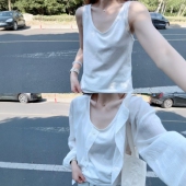 外穿宽松无袖 白色棉麻小吊带慵懒松弛感背心女夏季 内搭老头衫 上衣
