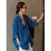 外套薄款 松弛感百搭开衫 宽松棉麻蓝色衬衣 衬衫 高级感亚麻防晒长袖