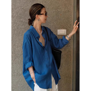 高级感亚麻防晒长袖衬衫松弛感百搭开衫外套薄款宽松棉麻蓝色衬衣