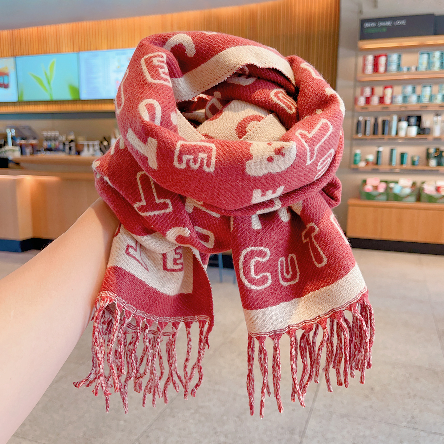 洋气软萌防风保暖围巾女款2025新款红色儿童字母小熊围脖冬季加绒