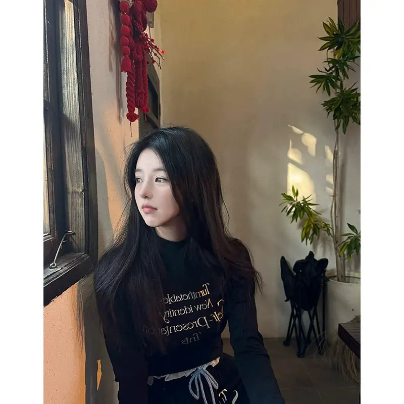 美式复古黑色长袖t恤女秋季内搭辣妹修身显瘦jazz打底衫上衣