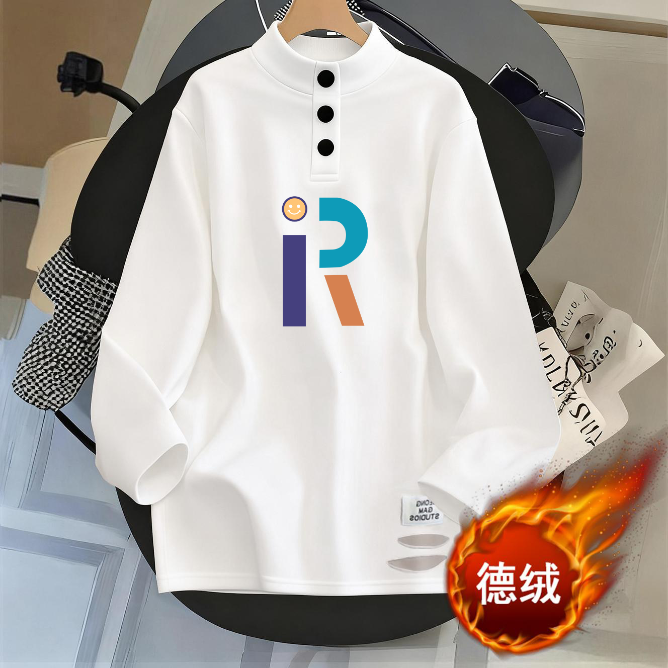 印花款德绒半高领POLO领保暖打底衫秋冬季新款中长款简约女士t恤