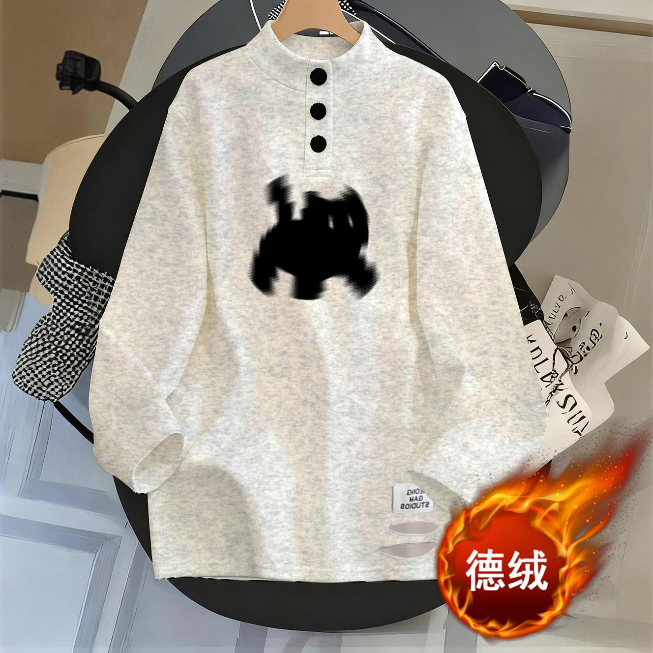 印花德绒打底衫中长款破洞下摆2025秋冬新款显瘦上衣半高领T恤女