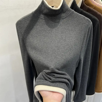 高级感拼色假两件高领长袖T恤女春秋宽松上衣加厚德绒内搭打底衫