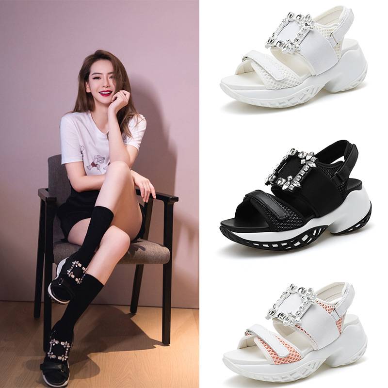 2023夏季新款RV水钻方扣凉鞋厚底松糕鞋魔术贴运动女鞋真皮沙滩鞋