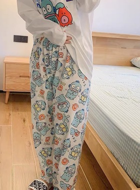 ins春秋冬大码300斤懒人睡裤女白色丑鱼可爱卡通高腰休闲家居长裤